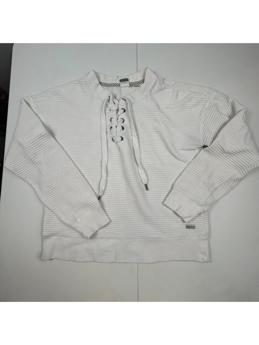 Roxy Womens White Ribbed Lace‎ Up Hooded Pullover S Y2K Surf Skate